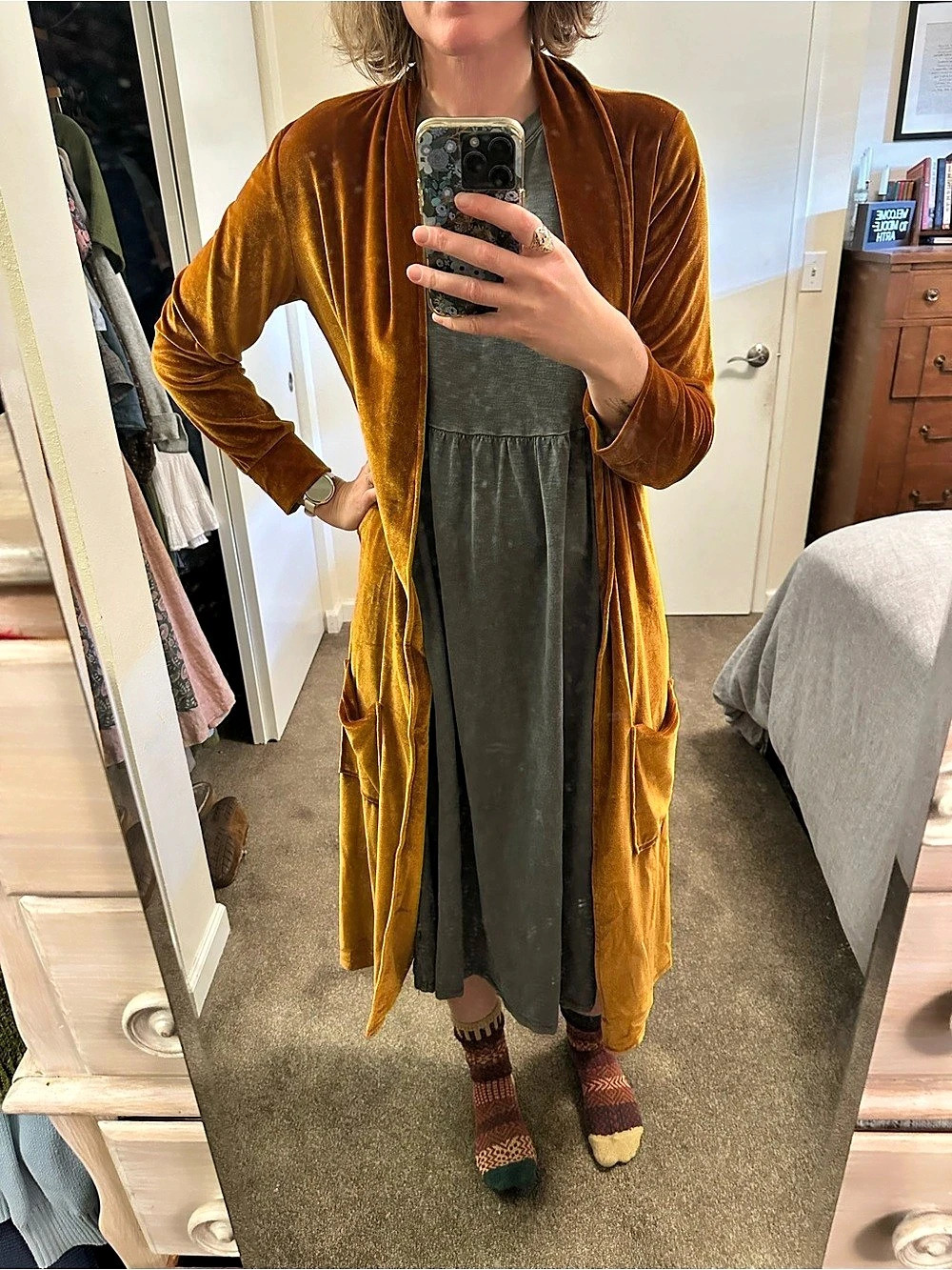 Gold Velvety Maxi Cardigan/ Duster, Size Medium